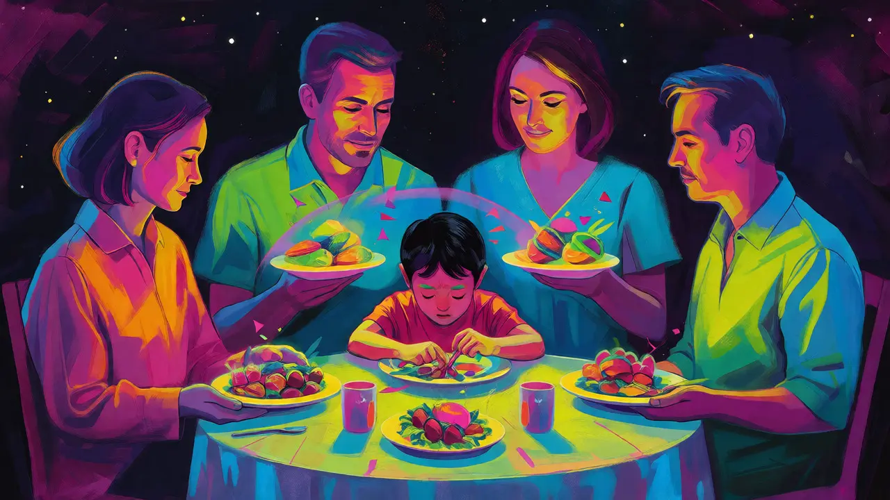 Rodina chrání dítě u jídelního stolu v barevné ilustraci