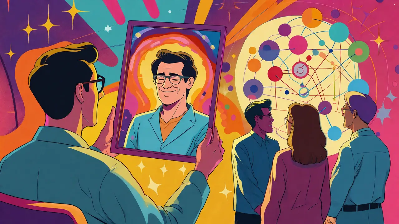 Ilustrace humanistické supervize jako zrcadla a systémového týmu v barevném abstraktním stylu.