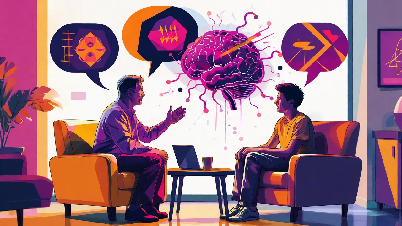 Psychoterapeut a klient v barevné ilustraci znázorňující propojení mysli a těla.