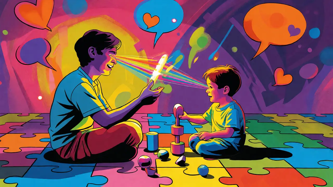 Rodič a dítě hrají si na barevné podlaze v pop-art stylu